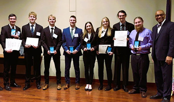Isaac Carlson, Hunter Robinson, Jake Poquette, Griffin Johnson, Madelyn Wilson, Sarah Meyers, Marcy Dugree, Gabriel Belanger, and BPA State Director Maurice Henderson.
