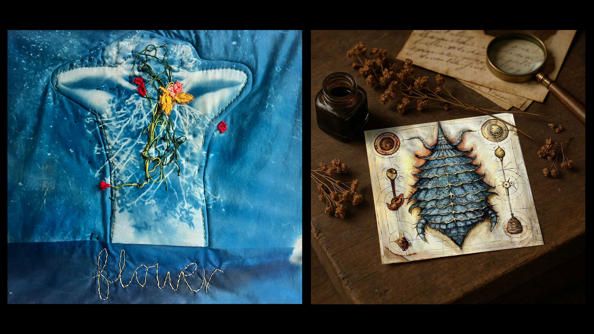 On left is a fiber art creation in blue by LaBonte of a woman's back arranging thread flowers in her hair. On the right is an illustration by Krumpos of a mythical creature in blue that resembles a ruffled mite. The drawing is on a wooden table with an old inkwell and an hourglass laid on old letters surrounded by dried flowers.
