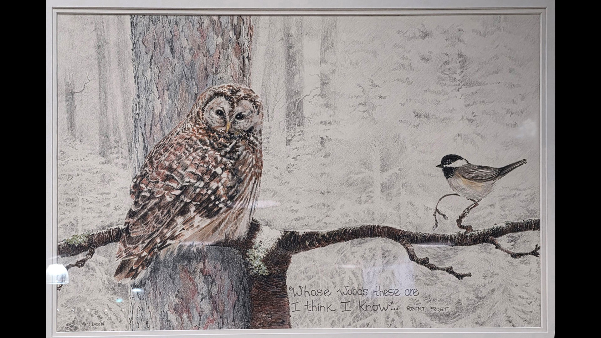 A snowy owl and a chickadee share a branch in a snow-veiled forest.