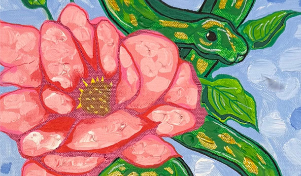 Painting of a pink flower and a green snake