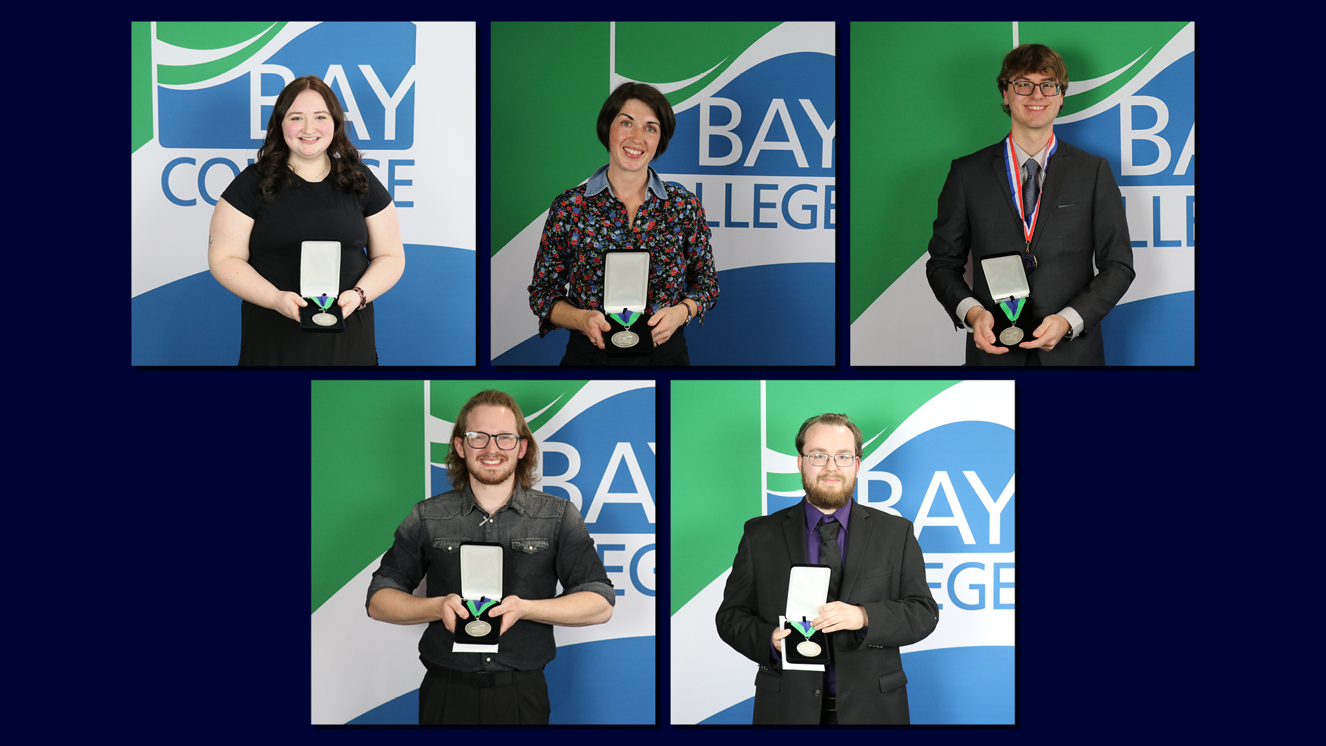2026 Bay College Outstanding Graduates holding their award medals. Pictured, left to right, top row: Shanna LaRock, Allied Health Division, Laura Jean Bowers, Arts and Letters Division, Gabriel Viau, Business Division. Pictured left to right, bottom row: Adrian Rhode, Math and Science Division, James Maki, Technology Division. Not pictured: Dawn Robinson Johnson, Social and Behavioral Sciences Division.