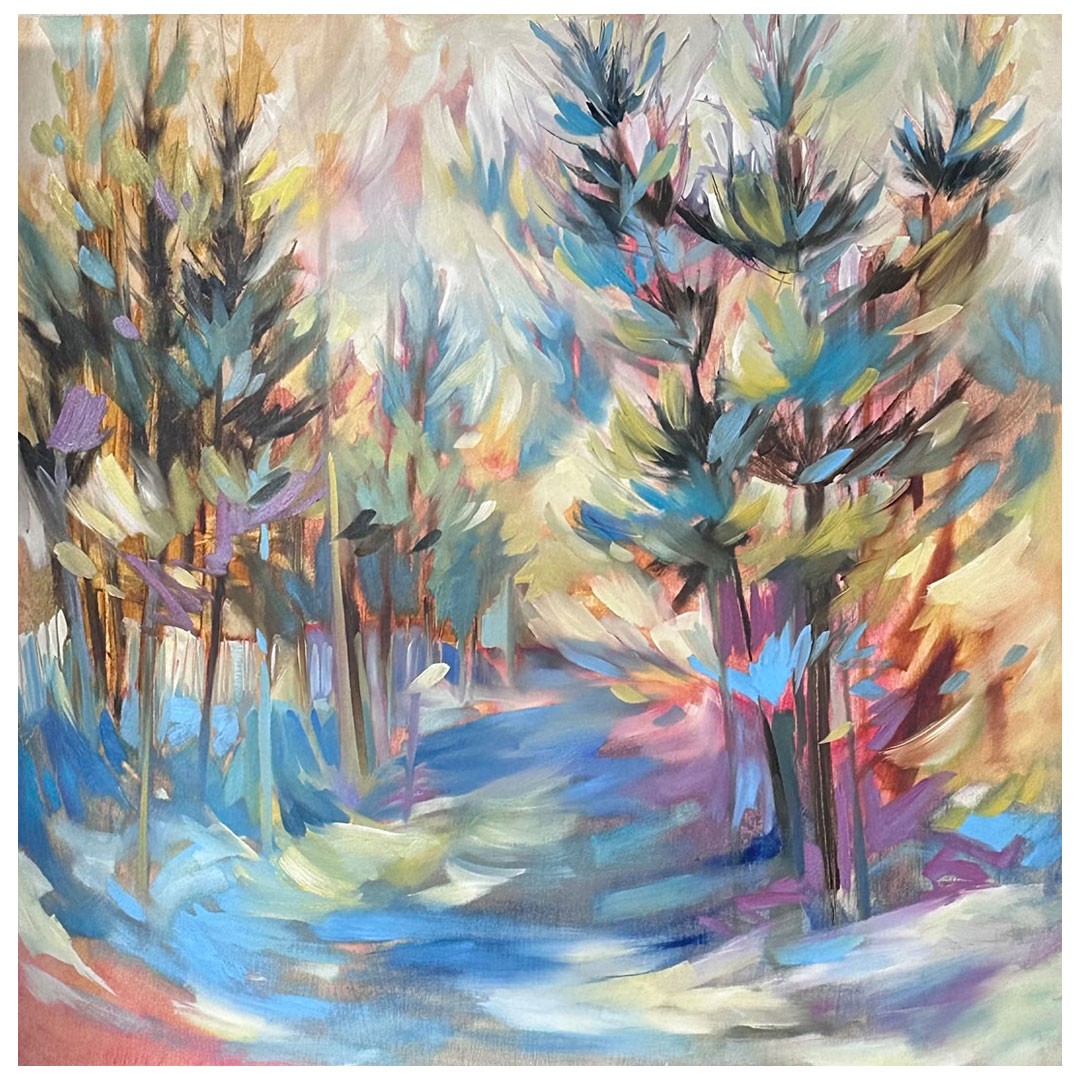 Impressionistic painting of trees in shimmering, pastel hues.